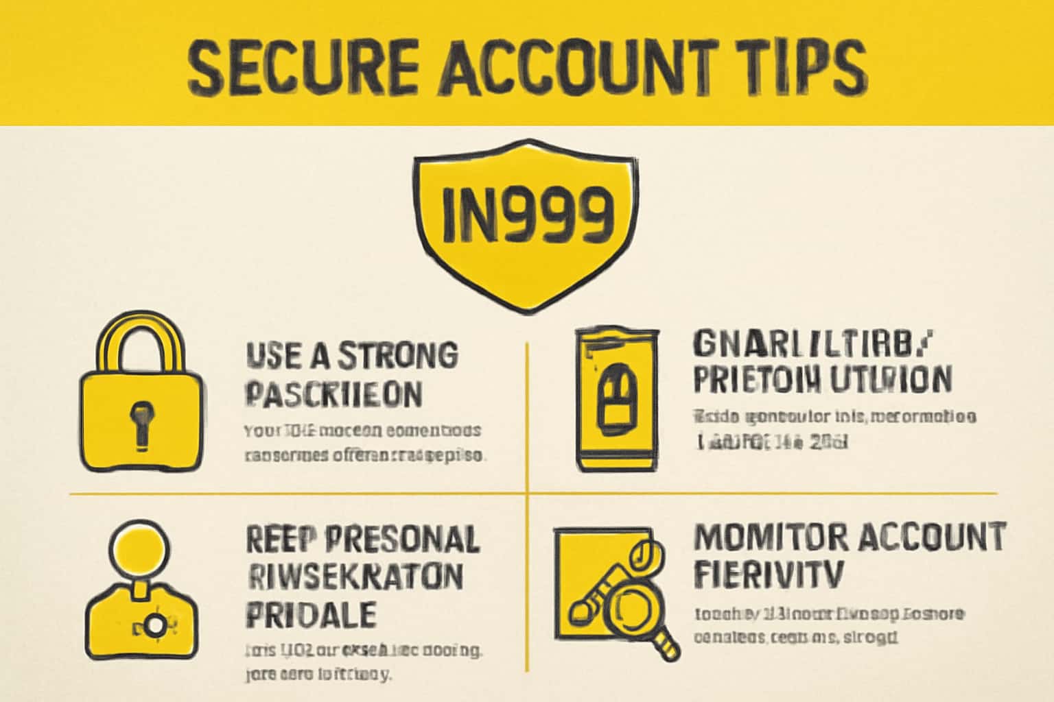 Informational scene about Secure IN999 Account Tips with a focus on account security.
